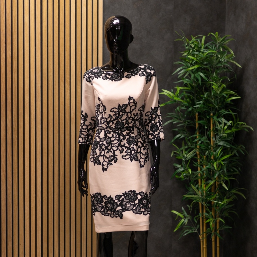 Atelier Nicole Miller Pink with Black Lace Midi Dress, Size S